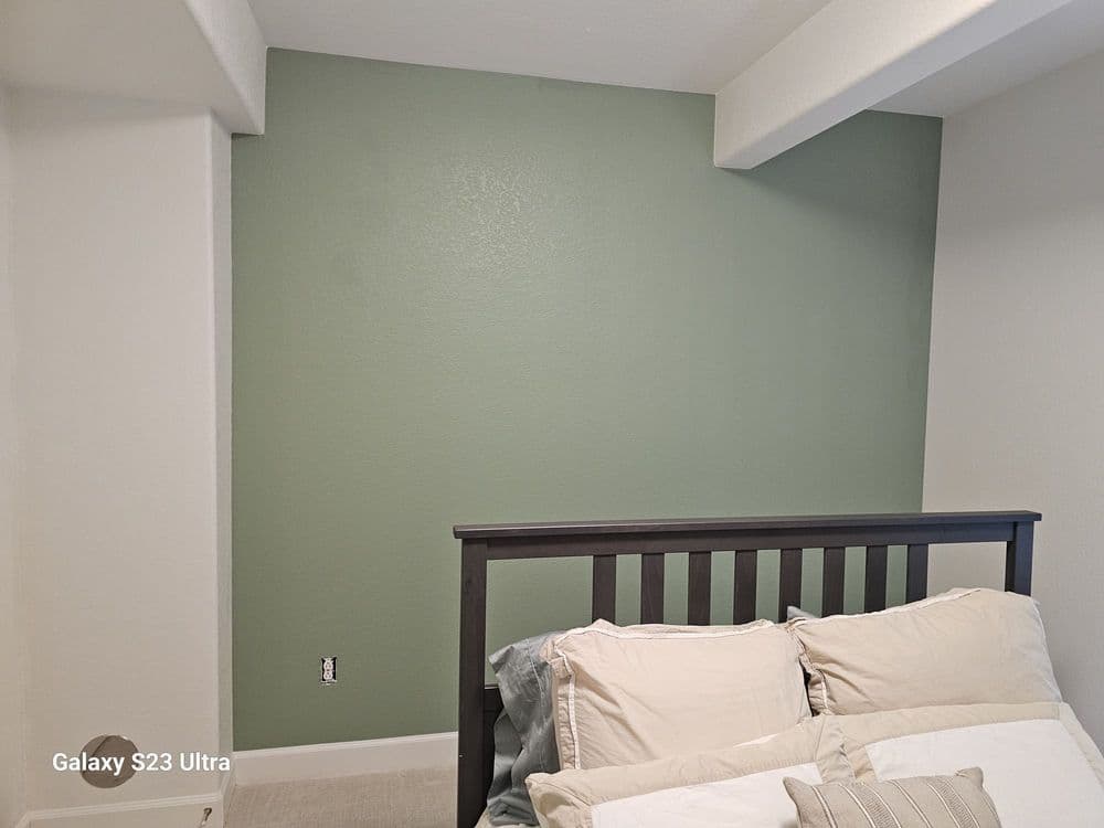 Cozy bedroom with a green wall and a black wooden bed frame, featuring soft linens.