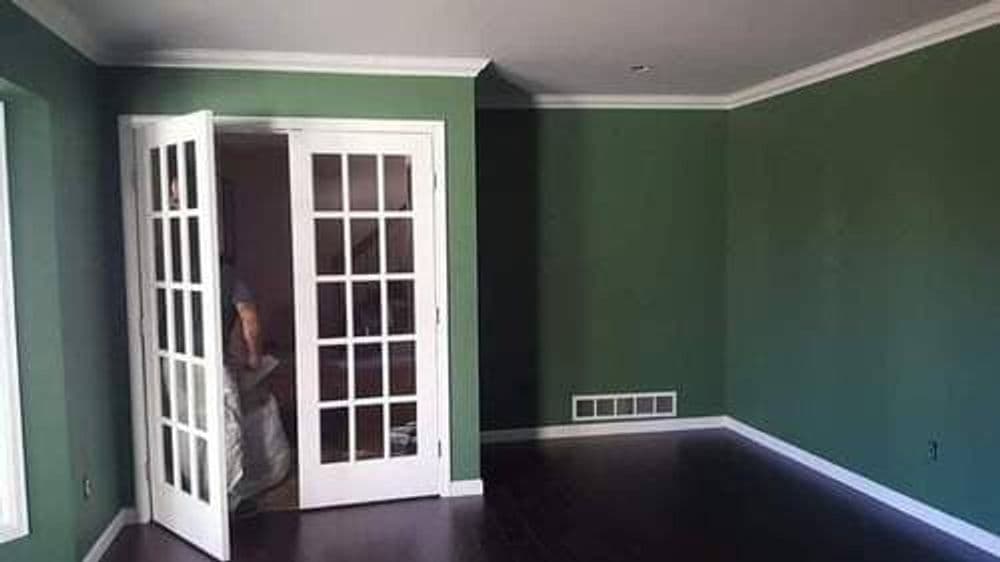 Empty room with green walls and French doors, featuring dark flooring and natural light.